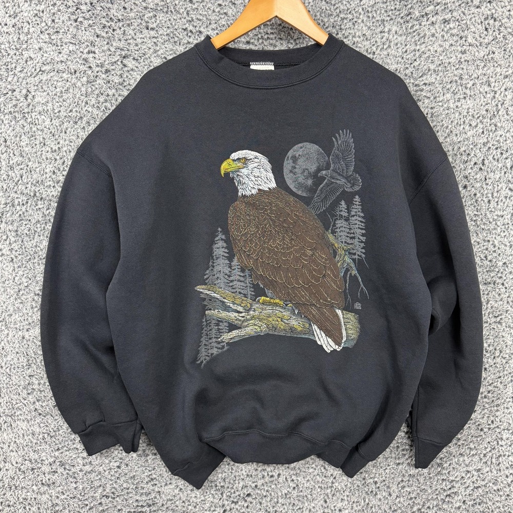 Vintage 90s Nature Sweatshirt Adult XXL Black Eagle Tultex Superweight 2XL VGC
